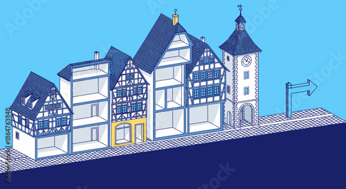 Isometric illustration of a charming European old town street, featuring traditional half-timbered buildings, a clock tower, and a vibrant yellow storefront.