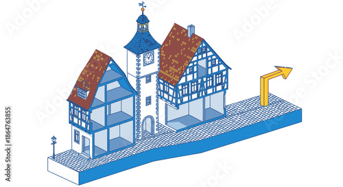 A charming stylized illustration depicts a historic European town square, showcasing traditional half-timbered houses, a clock tower, and a directional arrow.