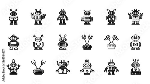 Collection of Various Robot Icons and Symbols.
