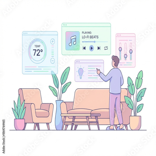 A man controls smart home devices with a remote control standing near a sofa.