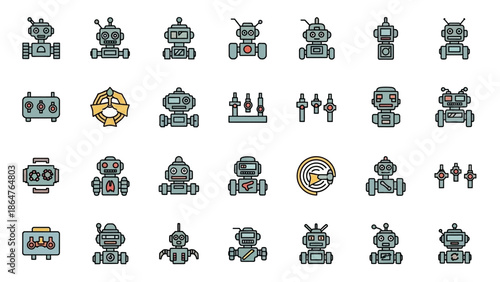 Collection of Various Robot Icons and Symbols.