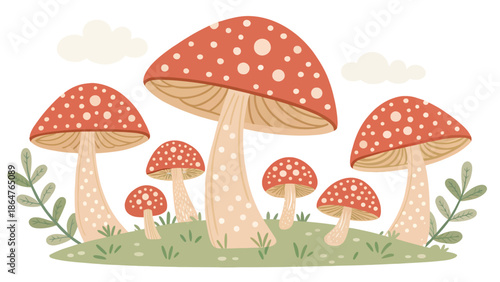 Whimsical illustration of vibrant red mushrooms with white spots
