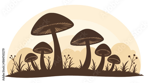 Vibrant mushroom landscape with tall fungi and grassy field at sunset