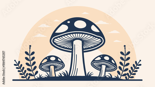 Vibrant mushroom landscape with lush foliage and sunny sky