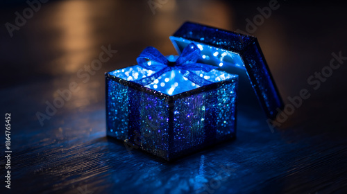 Glowing open gift box with bright blue fairy lights inside on a dark wooden background