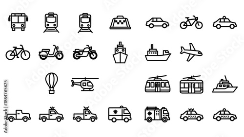 Collection of Various Transportation Icons and Symbols.