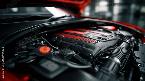 Powerful car engine bay with red performance accents