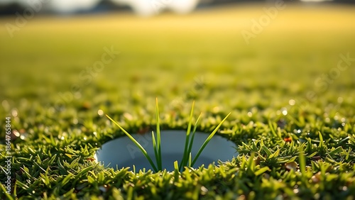 tennessine. Fresh divot mark on golf course turf with upturned grass and morning dew. real-estate listings, architecture portfolios, designed for interior renovation comparisons for interiors.