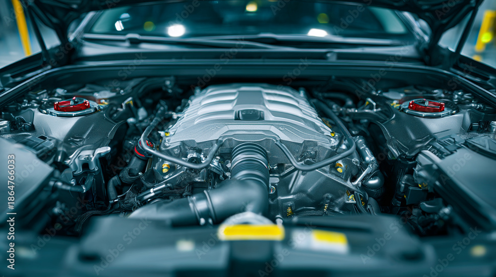 Fototapeta premium Under the hood view of a clean modern automotive engine