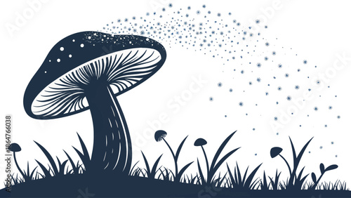 Magical mushroom releasing spores in mystical forest scene