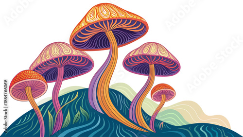 Vibrant mushrooms in psychedelic forest landscape with colorful foliage