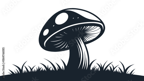 Stunning black and white mushroom illustration in grassy field