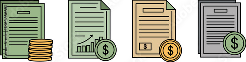 Financial document icon set with dollar coins and growth charts