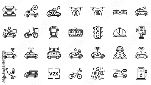 Collection of Various Vehicle Icons and Symbols.
