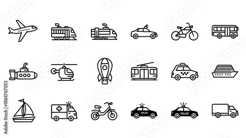 Collection of Various Vehicle Icons Illustrated.