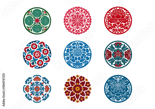Set of traditional Asian round floral patterns and embroidery style medallions
