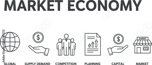 Market economy infographic illustration with global and supply demand icons