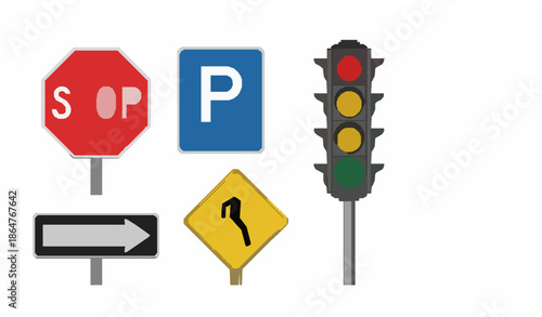 Vector Illustration of Road Signs and Traffic Light for Urban and Technical Use
