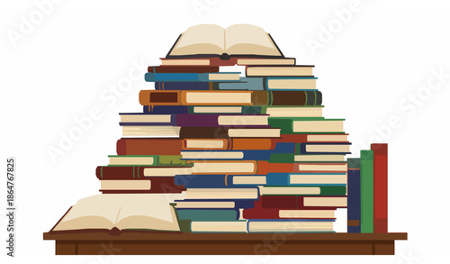 Colorful Flat Vector Illustration of Large Book Piles for Reading and Study