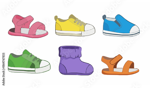 Cute Cartoon Baby Shoes Vector Set in Bright Colors for Kids Fashion