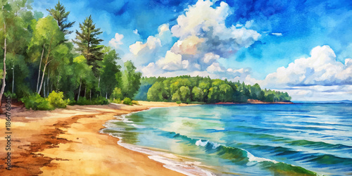 Tropical Sandy Beach and Blue Ocean Watercolor Painting