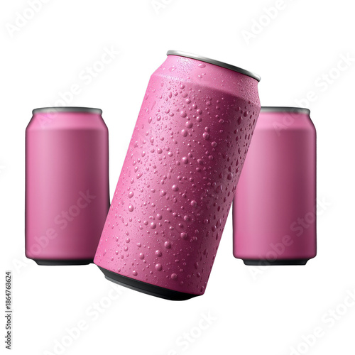 Refreshing Pink Soda Cans with Condensation Drops, Isolated on White Background