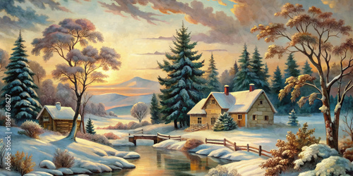 Rustic Cottage by a Frozen River Watercolor Painting