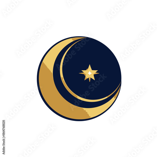 stylized crescent moon and star emblem on a dark blue circular background.