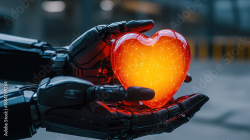 Robotic hands gently holding luminous heart core, symbolizing futuristic love, technology, and emotional connection