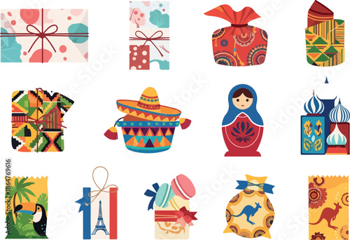 Gifts from Around the World Colorful Icon Set Featuring Global Souvenirs and Travel Destinations