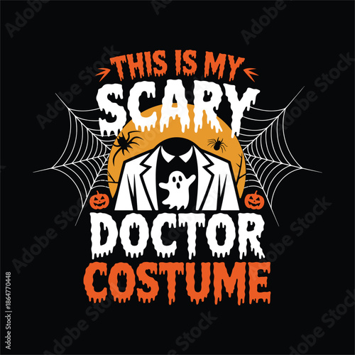 Scary Doctor Halloween Costume Design with Ghost Spider Webs and Moon Graphic Vector
