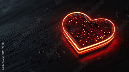 Glowing heart shaped circuit board illuminated futuristic digital technology black background romantic innovation modern abstract