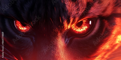 Close up of a tiger face with glowing red eyes and fur illuminated by fiery red light effect