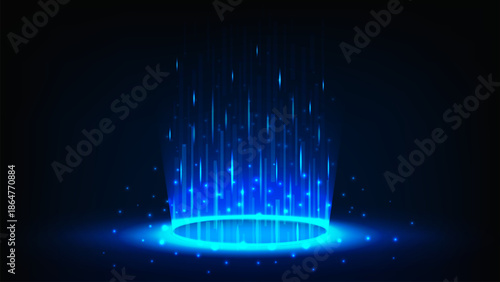 Glowing blue futuristic neon energy portal with radiant light beams and particles on dark background