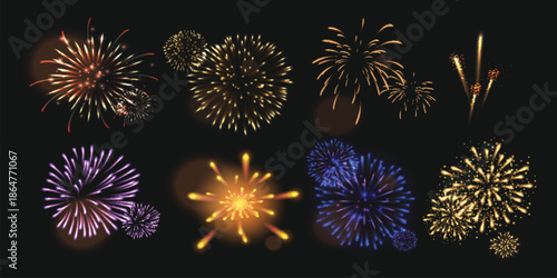 Vector Brightly Colorful Fireworks on the background of the night sky.