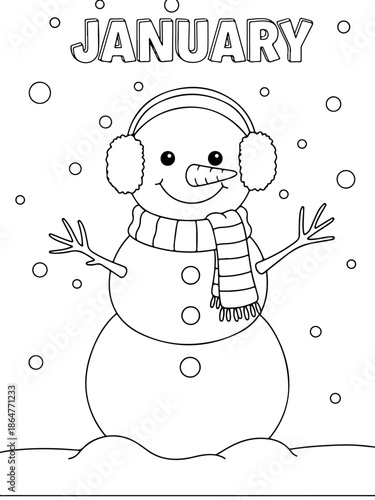 Cute Snowman with Ear Muffs - January Coloring Book Page, Vector Illustration for Kids