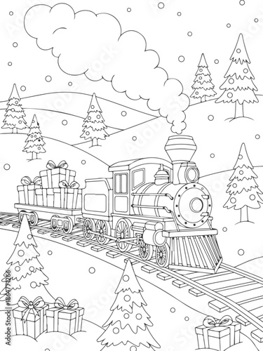 Christmas Train Coloring Book Page Vector Illustration with Gifts and Snowing Trees