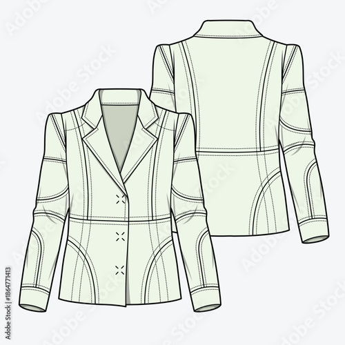 Ladies blazer jacket design technical flat sketch vector mockup template.
