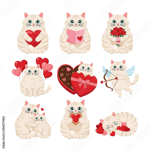 Set of Raster Valentine's Day Cat Stickers: Cute Kittens with Hearts, Roses, Cupid Wings, and Chocolates