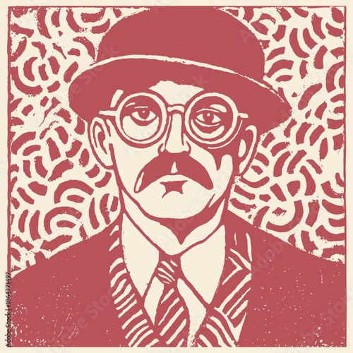 A vintage vector portrait of a gentleman in a bowler hat and round glasses. Retro illustration in a hand-drawn, woodcut or engraving art style.