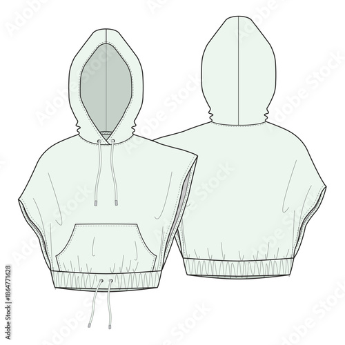 Women’s sleeveless jacket technical flat sketch vector mockup illustration.