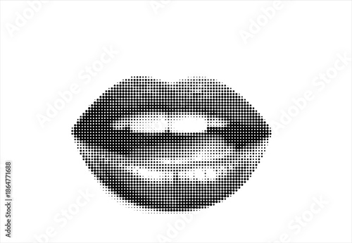 female mouth with lips and teeth isolated on white background retro grunge halftone collage element for mixed media vintage dotted texture cutout pop art trendy object
