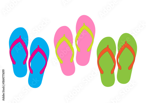 Three pairs of colorful flip flops summer slippers beach sandals isolated on a white background. Editable EPS 10 vector graphic ideal for poster, postcard, print and apparels.