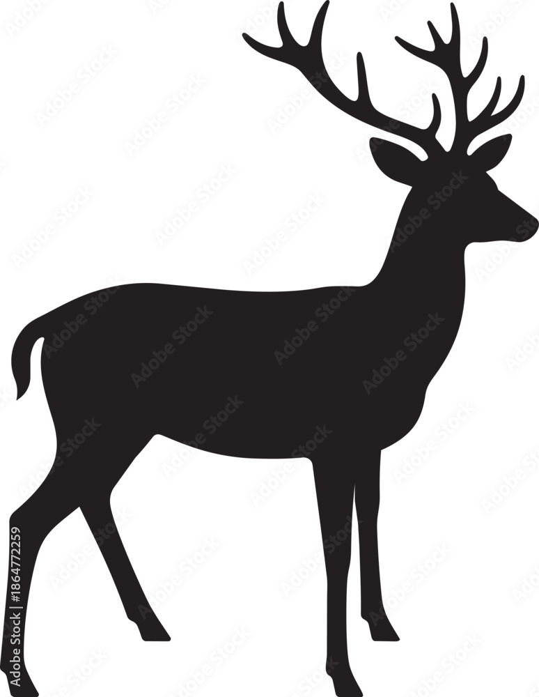 Obraz premium Isolated wild deer silhouette vector illustration of a cute mammal animal drawing in black art style on white background.