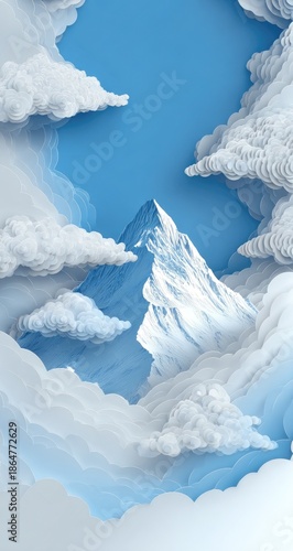 Snowy mountain peak amidst fluffy white clouds against a bright blue sky