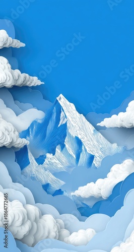 Snowy mountain peak surrounded by fluffy clouds against a vivid blue sky
