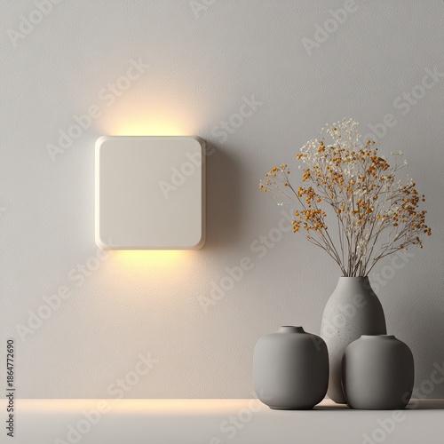 Minimalist wall soft-lit square sconce, beside dried flower vases
