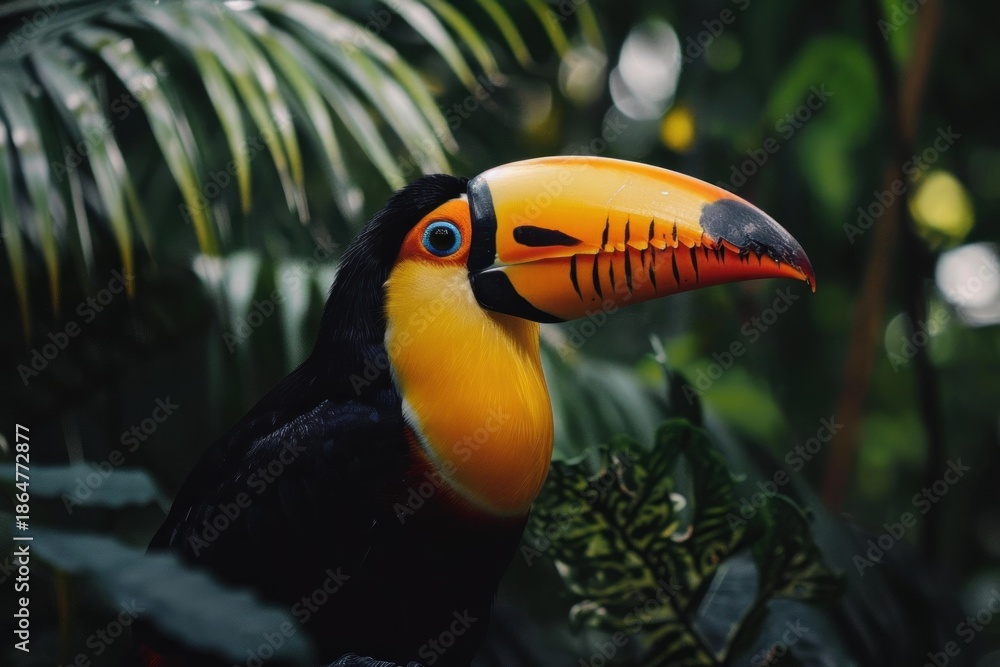 Obraz premium Close up of a channel billed toucan perched amidst lush foliage, showcasing its vibrant beak and plumage