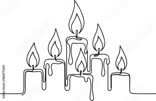 Minimalist continuous line art of six melting candles