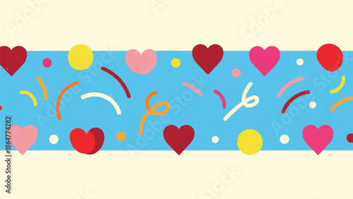 A vibrant blue banner adorned with colorful hearts and confetti from an aerial viewpoint